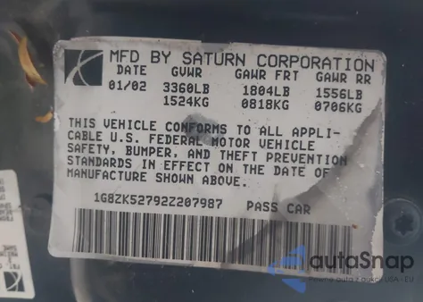 2002 Saturn S-Series Sl2 из США, поврежденный, VIN 1G8ZK52792Z207987